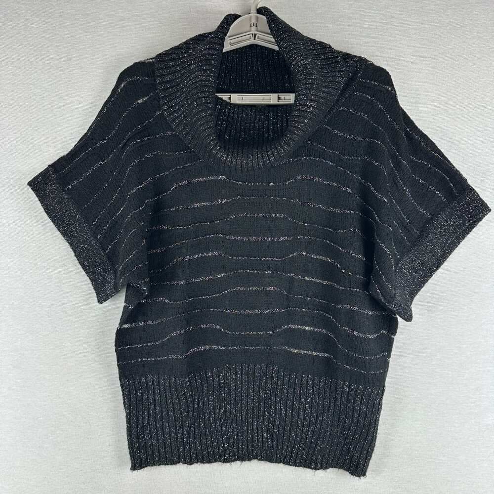 ROZ & ALI WOMEN'S BLACK w/ SILVER METALLIC, COWL NECK SWEATER, L LARGE